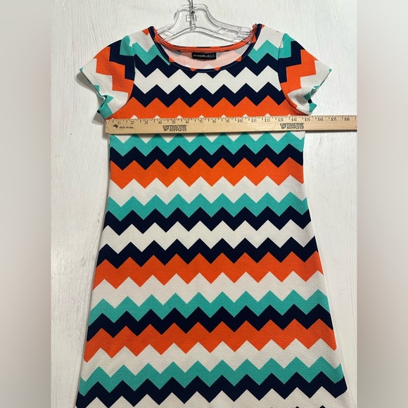 My Michelle Girls Chevron Knit Dress Size 10 Orange Teal Navy Short Sleeve - Picture 2 of 8
